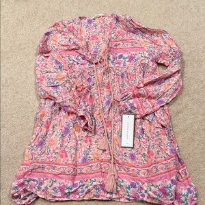 Goodnight Macaroon Boho Floral Pink Peasant tunic Top with Tassel Tie